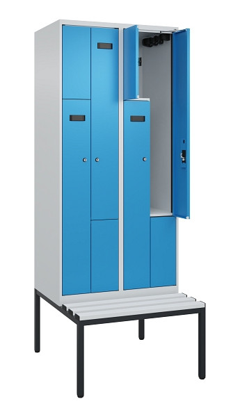C+P Z-Spind Evolo PLUS, Bank, 4 Fächer, 2120x800x815mm, 7035/5012, Zylinderschloss, Sitzfläche Kunststoff, Sitzbank, 0490537-224 S10088
