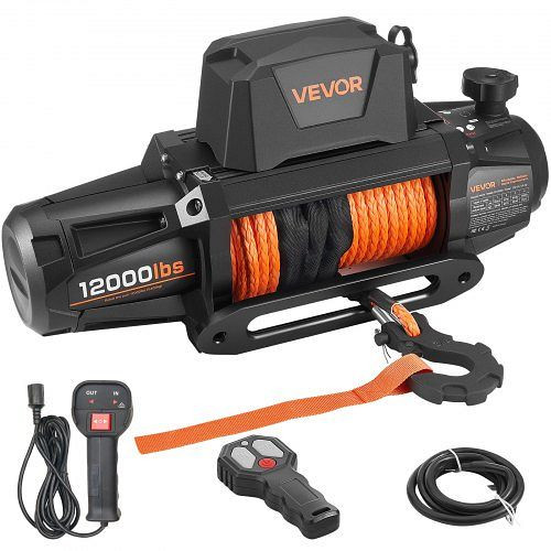 VEVOR Elektrische Seilwinde 5400 kg, 12V, 9,5 mm x 28 m Synthetikseil, kabellose/kabelgebundene Fernbedienung, IP67, HCSDDJP12000QOPIX001V9
