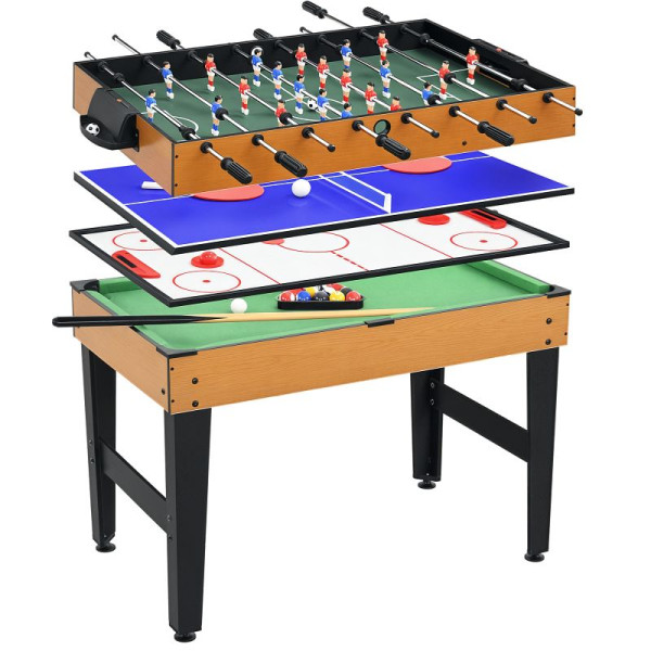 HOMCOM 4-in-1 Partytisch inkl. Tischtennis, Kicker, Billard, Tischhockey, Metall, Holz, Natur+Schwarz, A70-061V01MX