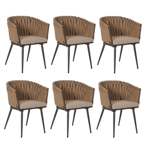Mendler 6er-Set Aluminium-Esszimmerstuhl HWC-N38, Indoor Stuhl Armlehne, Olefin Seilgeflecht Rope, beige Kissen hellbraun, 3x106420