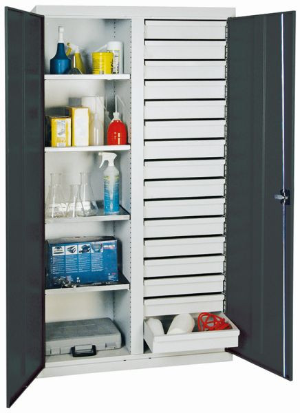 stumpf Werkzeug- und Materialschrank Serie 2000, 7035/7016, 4 Fachböden, Mitteltrennwand, 16 Schubladen, 2004171