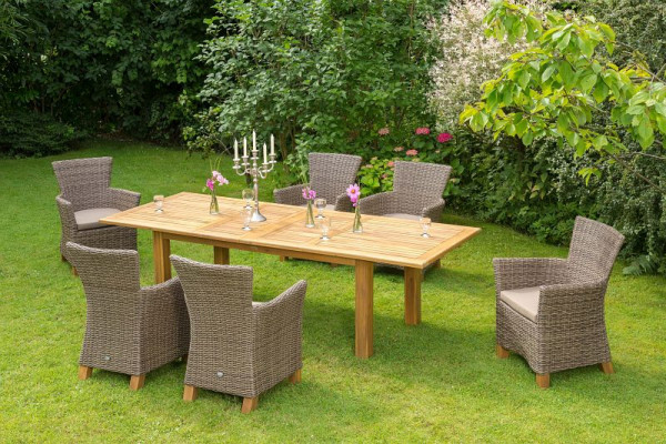 Merxx Toskana Set 13-teilig, 6 Toskana Sessel, inkl. Auflagen, Beine aus Akazienholz, 1 Doppelausziehtisch 180 (220/260) x 100 cm, 50416-211