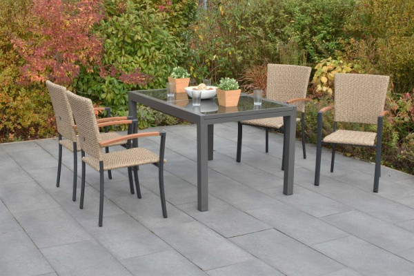 Merxx Teramo Set 5-teilig, 4 Stapelsessel, 1 Ausziehtisch 150 (210) x 90 cm, graue Glasplatte, graphit/natur, 51138-259