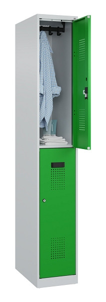C+P Doppelstöckiger Spind Evolo PLUS, 2 Fächer, 1850x300x500mm, 7035/6037, Zylinderschloss, 049300-10 S10038