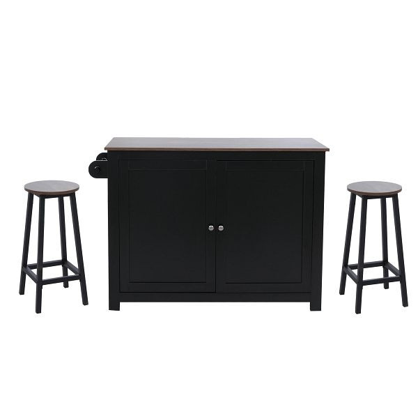 Mendler Kücheninsel HWC-P61 mit 2 Sitzhockern, Küchenschrank Schublade Staufächer MDF 90x120x45cm, schwarz, dunkles Holz, 130688+130689