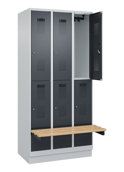 C+P Doppelstock-Spind Evolo PLUS, Bank, 6 Fächer, 1950x900x815mm, 7035/7016, Zylinderschloss, Sitzfläche Buche-Hartholz, mit Sockel, 049340-30 S10039