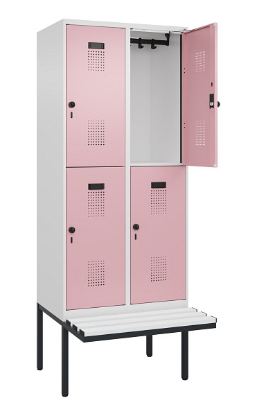 C+P Doppelstock-Spind Evolo PLUS, Bank, 4 Fächer, 2120x800x815mm, 9016/3015, Drehriegel, Sitzfläche Kunststoff, 0493407-22 S10099