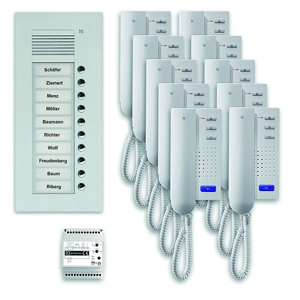 TCS Türkontrollsystem audio:pack UP für 10 Wohneinheiten, mit Außenstation PUK 10 Klingeltasten, 10x Türtelefon ISH3030, Steuergerät BVS20, PPU10-EN/02