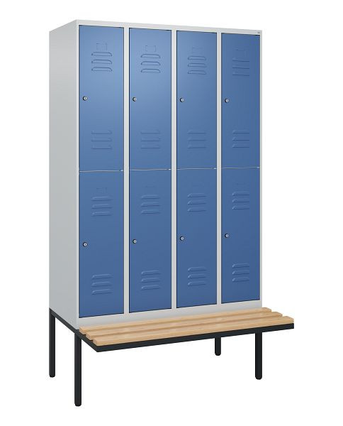 C+P Doppelstöckiger Spind Classic PLUS, 4 Abteile, 2120x1200x815mm, 7035/5023, Zylinderschlösser, Buche-Sitzleisten, Sitzfläche, 0803407-40 S10095