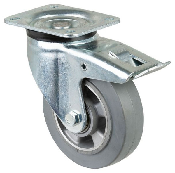 BS Rollen Schwerlastrolle mit Feststeller, Breite 50 mm, Ø160 mm, bis 300 kg, Elastik-Reifen grau, Radkörper Aluminium, Kugellager, L620.B83.160