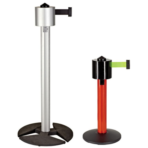 Stein HGS Personenleitsystem "StoreTrac" aus Aluminium, Gurtlänge: 12m, Mini, Pfostenhöhe: 600mm, Fuß: Ø350mm, Abdeckhaube, Gurt: rot, weiß, 32920-mini13