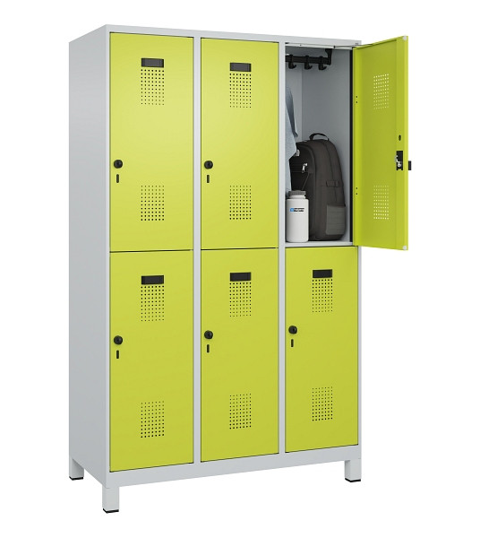 C+P Doppelstöckiger Spind Evolo PLUS, mit Füßen, 6 Fächer, 1950x1200x500mm, 703, Frontfarbe 1108060 RDS Clowngrün, Drehriegel, 049310-32 S10015
