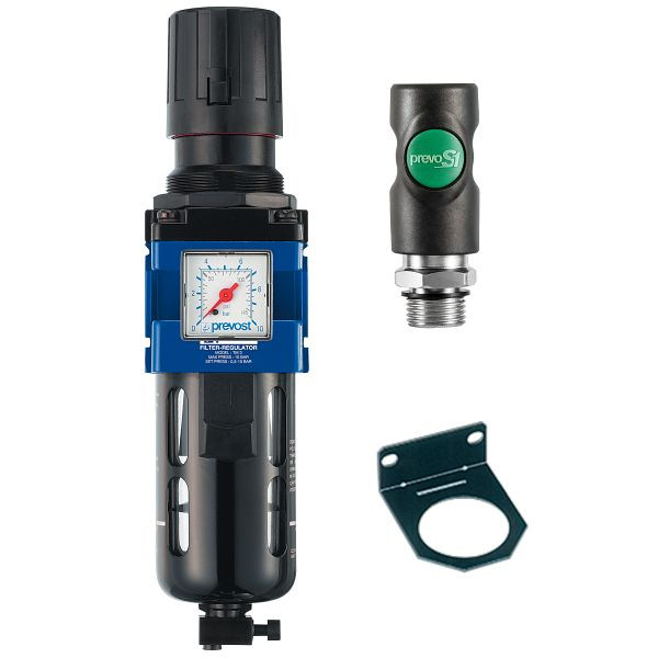 Prevost ALTO 3-Filterregler mit Manometer, Sicherheitskupplung prevoS1 und Befestigungswinkel, IG BSPP=G 1/2, Ausgestattet mit 1 Kupplung=ISI 06, KTM SM3IS