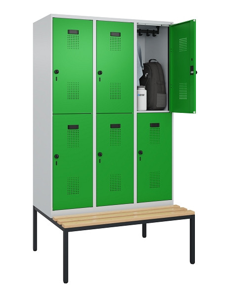 C+P Doppelstock-Spind Evolo PLUS, Bank, 6 Fächer, 2120x1200x815mm, 7035/6037, Drehriegel, Sitzfläche Buche-Hartholz, Sitzbank, 0493507-32 S10011