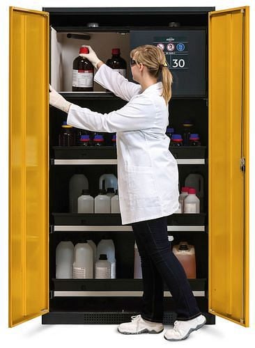 asecos Chemikalienschrank Systema-Plus-T, anthrazit, gelb, Sicherheitsbox, Tablarauszüge, Typ CS-30, 218472