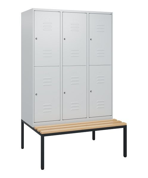 C+P Doppelstöckiger Spind Classic PLUS, 3 Abteile, 1950x1200x815mm, 7035/7035, Zylinderschlösser, Buche-Sitzleisten, Sitzbank, 0803505-32 S10039