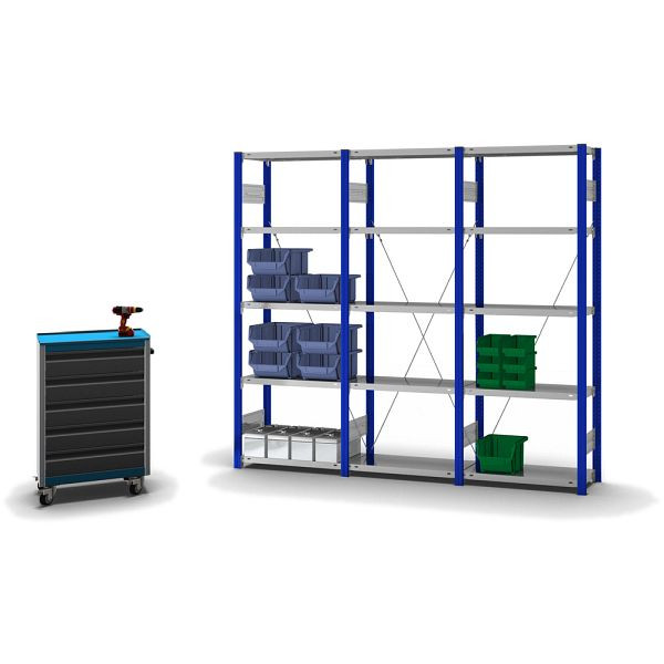 hofe Grundregal, zerlegt, 5 Böden 2000 x 300 x 750 mm, verzinkt Stützprofile - enzianblau/RAL 5010, HEG203007XL