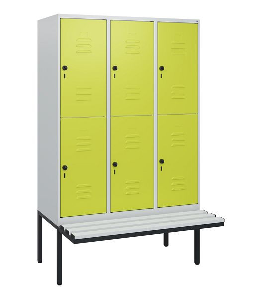 C+P Doppelstöckiger Spind Classic PLUS, 3 Abteile, 1950x1200x815mm, 7035/0024, Drehriegel, mit Untergestell und schwebender Sitzfläche, 0803405-32 S10070