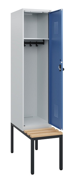 C+P Spind Evolo PLUS, 1 Abteil, 1950x400x815mm, 7035/5023, Drehriegel, Sitzfläche Holz, Sitzbank, 0490505-12 S10008
