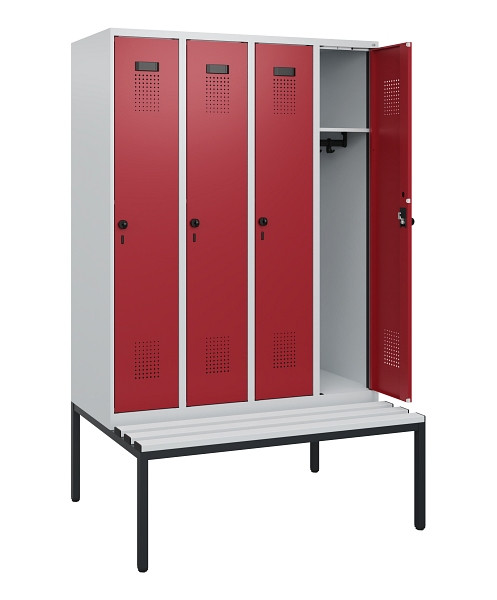 C+P Spind Evolo PLUS, 4 Abteile, 1950x1200x815mm, 7035/3003, Drehriegel, Sitzfläche Kunststoff, Sitzbank, 0490505-40 S10058