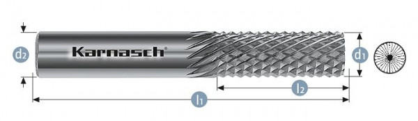 Karnasch Hartmetall-Frässtift unbeschichtet GFK/ CFK d1= 3,0 / l2= 12 / d2= 3 / l1= 38mm, VE: 4 Stück, 116002005