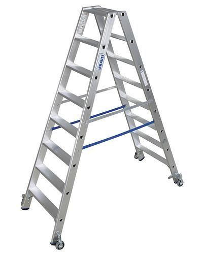 DENIOS Stufenstehleiter aus Aluminium, mit Fahrrollen, 2 x 8 Stufen, 156-904