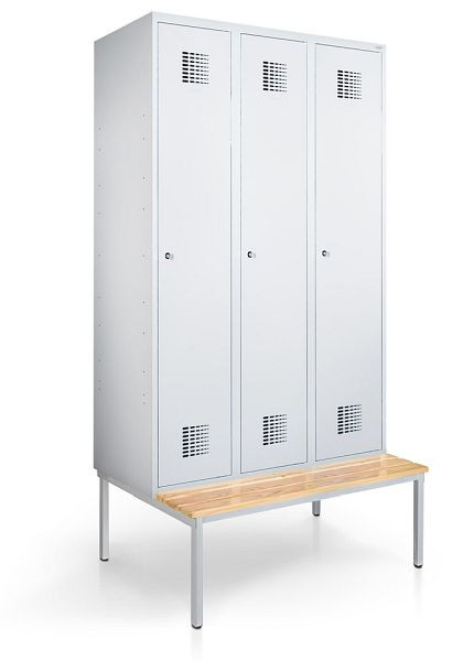 KEMMLIT Spind mit 3 Abteilen 30cm mit Sitzbank, Lichtgrau 7035, Zylinderschloss, 100080