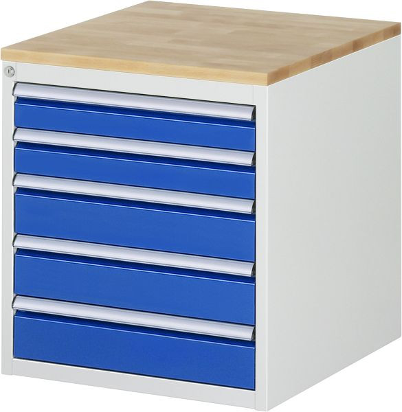RAU Schubladenschrank Serie 7000, B580 x T650 x H645 mm, 5 x Schublade-Größe-L 2xH90, 3xH120 mm, Buche-Massiv-Arbeitsplatte, 03-L3.20A-B.11