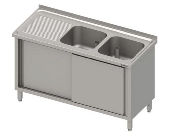Stalgast Spülschrank mit Schiebetüren 1100x700x850 mm, mit zwei Becken rechts, mit Aufkantung, verschweißt, VSK11723RA