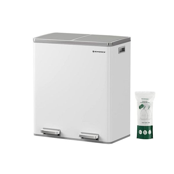 SONGMICS Mülleimer 60 Liter ( 2 x 30 L) Weiß, LTB60WT, 6955880394081