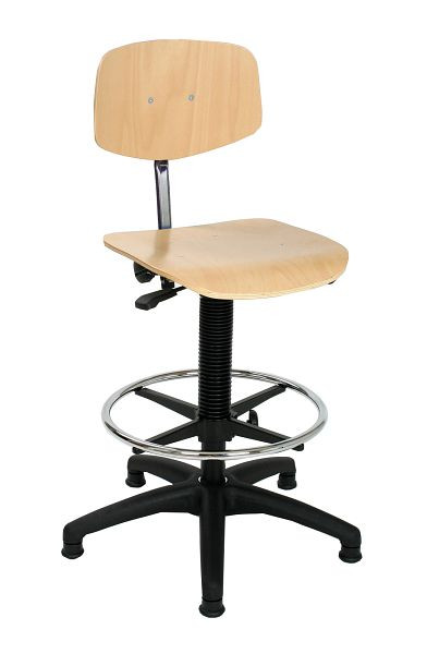Lotz Arbeitsstuhl, Sitz/Rücken Buche natur, lackiert, Kunststoff-Fußkreuz schwarz, Bodengleiter, Sitzhöhe 540-800 mm, Fußring, 6175.02