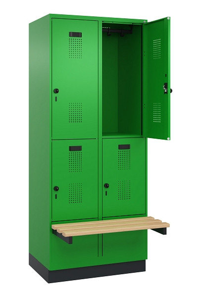 C+P Doppelstock-Spind Evolo PLUS, Bank, 4 Fächer, 1950x800x815mm, 6037/6037, Drehriegel, Sitzfläche Buche-Hartholz, mit Sockel, 049340-22 S10026