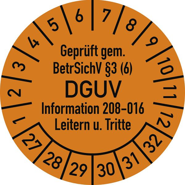 Moedel Prüfplakette Geprüft...BetrSichV...DGUV, 2027-2032, Folie, Ø 20 mm, VE: 10 Stück/Bogen, 108264