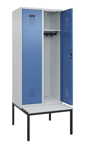 C+P Spind Evolo PLUS, 2 Abteile, 2120x800x815mm, 7035/5023, Haken 4, Zylinderschloss, Sitzfläche Kunststoff, Sitzbank, 0490507-22 S10089