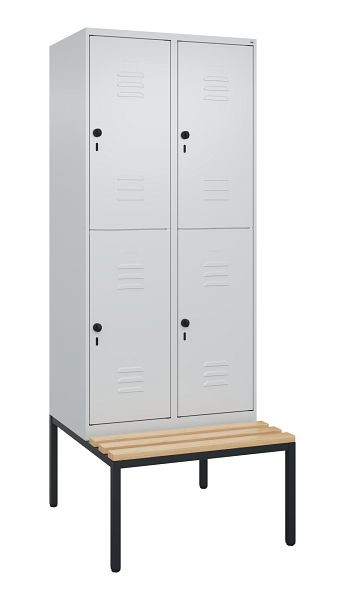 C+P Doppelstöckiger Spind Classic PLUS, 2 Abteile, 2120x800x815mm, 7035/7035, Drehriegel, Buche-Sitzleisten, mit untergebauter Sitzbank, 0803507-22 S10009
