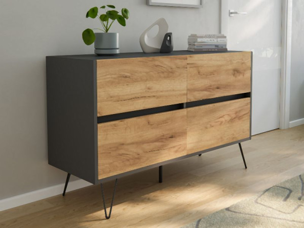 Posseik Sideboard Industrial E 120cm 4 Schubladen Grafit/Eiche Front, PN2082X0000019DE