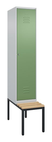C+P Umkleidespind Classic PLUS mit Mitteltrennwand, Bank, 2120x400x815mm, 7035/6011, Zylinderschloss, Buche-Sitzleisten, 0800507-12F S10050