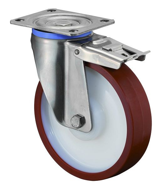 BS Rollen Edelstahl-Schwerlastrolle Lenkrolle, Edelstahl, mit Feststeller, Gleitlager Polyurethanrad rot, Anschraubplatte 200 mm, 600 kg, HS120.B27.200