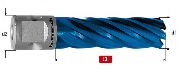 Karnasch HSS-XE+DURABLUE-beschichteter Kernbohrer, Nitto/Uni-Schaft 19mm, Nutzlänge 55 mm, Blue-Line55 d= 1-7/16', 201621085