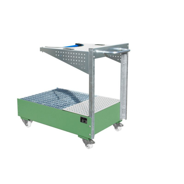 STEIN HGS Fahrbare Auffangwanne mit Lochplattenwand LPW, 215 Liter, RAL 6011 resedagrün, Höhe 1195mm, lackiert, 1x 200 Liter Fass, Breite 800mm, 79205.0022