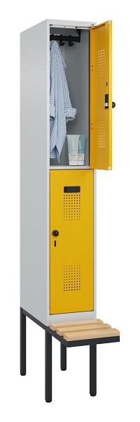 C+P Doppelstock-Spind Evolo PLUS, Bank, 2 Fächer, 2120x300x815mm, 7035/1004, Drehriegel, Sitzfläche Buche-Hartholz, 0493407-10 S10000