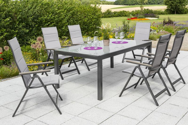 Merxx Trivero Set 7-teilig, 6 Klappsessel, mit Polywood-Armlehne, 1 Semi Ausziehtisch, 200 (300) x 110 cm, graphit/diamantbraun, 50296-217