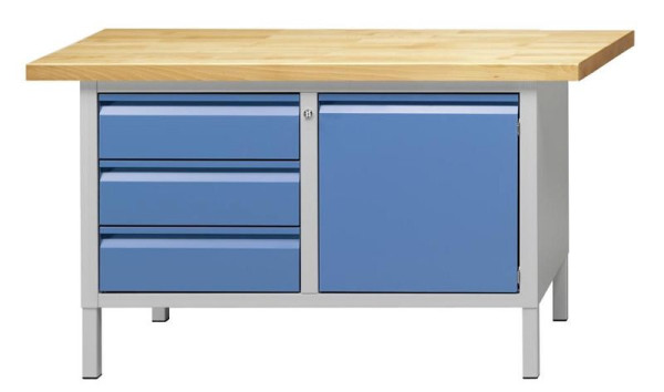 ANKE Werkbänke Kastenwerkbank; 1500 x 700 x 850 mm; RAL 7035/5012; Buche-Massiv-Platte 50 mm; Links 3 Schubladen 170 mm; Rechts 1 Tür 510 mm, 510.017