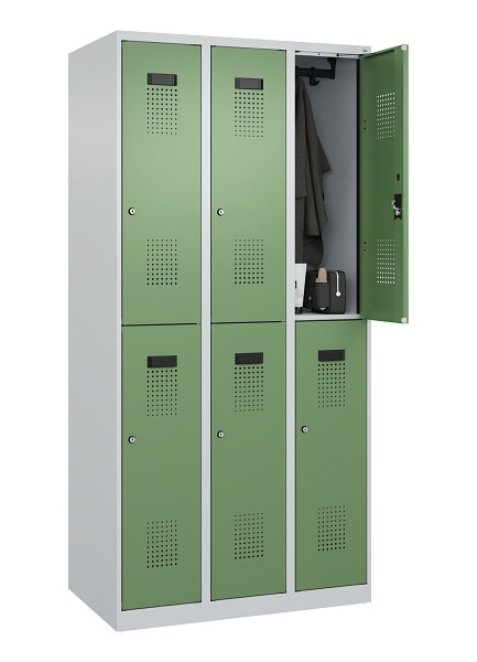 C+P Doppelstöckiger Spind Evolo PLUS, 6 Fächer, 1850x900x500mm, 7035/6011, Zylinderschloss, 049300-30 S10037