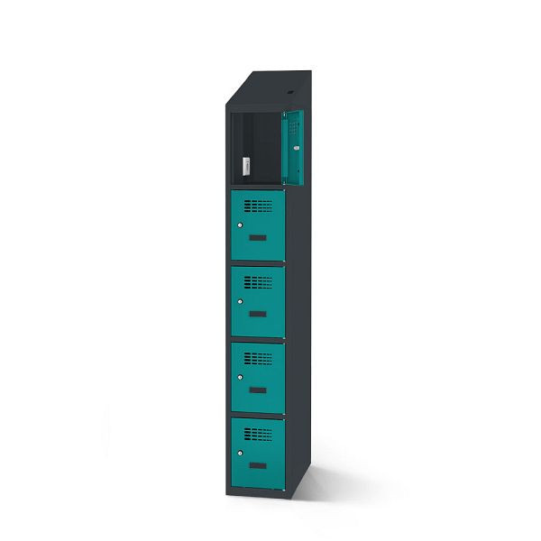 Rotstahl Fächerschrank, 5 Fächer, kurzer Sockel, mit Ladefunktion, Schrägdach, Korpus: anthrazitgrau, Türen: türkisblau, 2180-010500-0301112-7016-5018