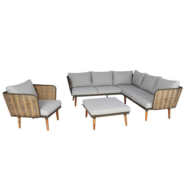 Mendler Gartengarnitur HWC-L31, Garnitur Lounge-Set Sofa Outdoor, Spun Poly Metall Poly-Rattan MVG, hellgrau, 99134+99135