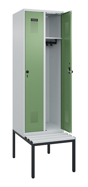 C+P Spind Evolo PLUS, 2 Abteil, 2120x600x815mm, 7035/6011, Drehriegel, Sitzfläche Kunststoff, Sitzbank, 0490507-20 S10064
