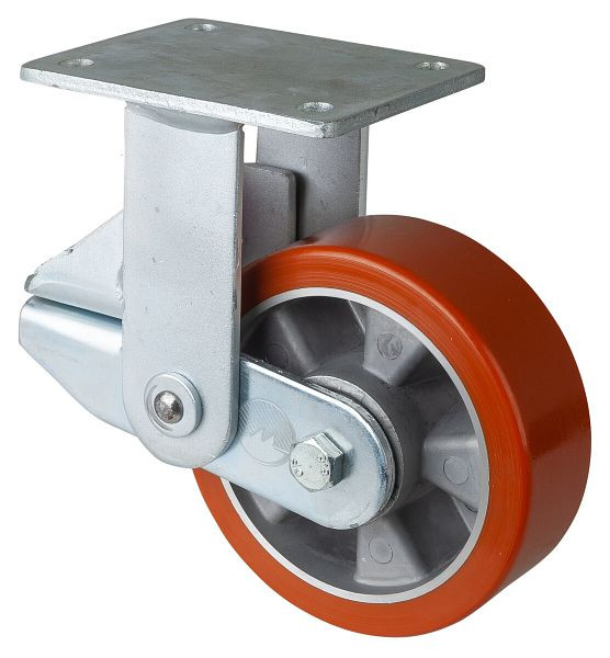 BS Rollen Gefederte Schwerlastrolle, Bockrolle, Breite 50 mm, Ø150 mm, bis 550 kg, Guss-Polyurethan 95 Shore A, Aluminium, Kugellager, T110.B90.150