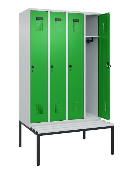 C+P Spind Evolo PLUS, 4 Abteile, 2120x1200x815mm, 7035/6037, Haken 3, Drehriegel, Sitzfläche Kunststoff, Sitzbank, 0490507-40 S10065