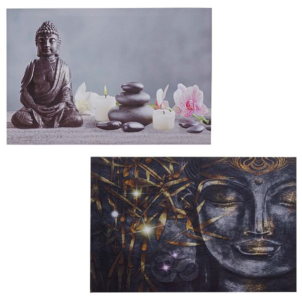Mendler 2er-Set LED-Bild, Leinwandbild Leuchtbild Wandbild 40x60cm, Timer, Buddha + Kerzen, 70084